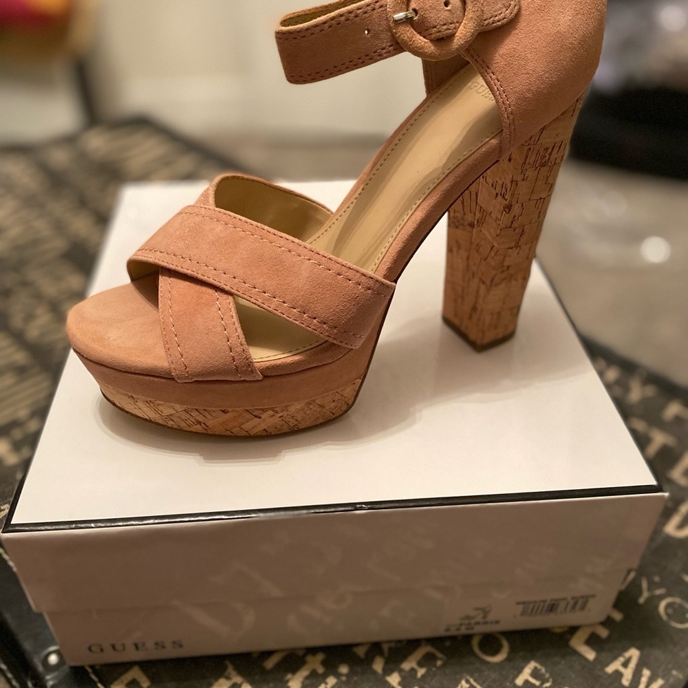 Guess Parris Medium Pink Suede Platform Sandals with Chunky Heel